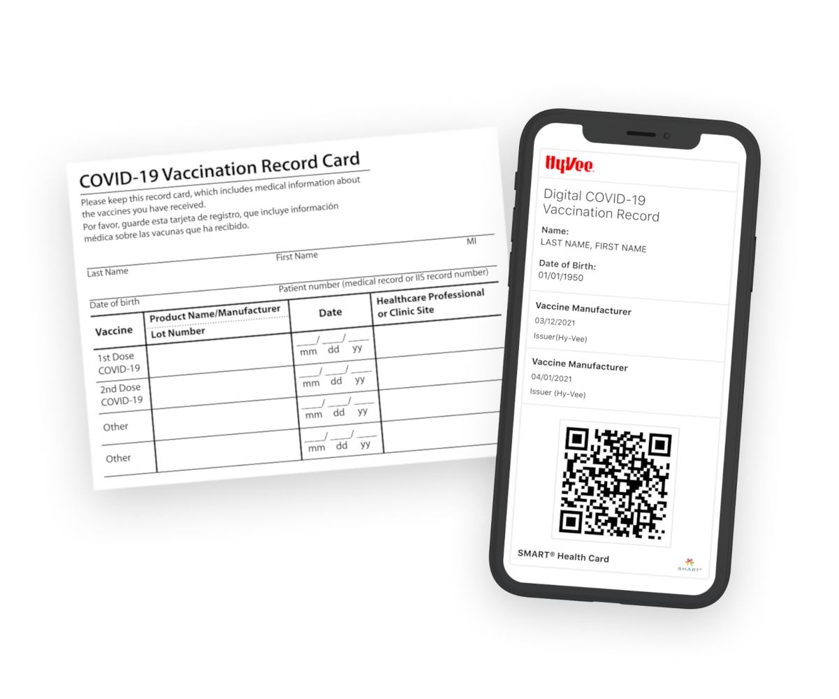 Physical Covid Vaccination card and digital vaccine card in Hy-Vee app